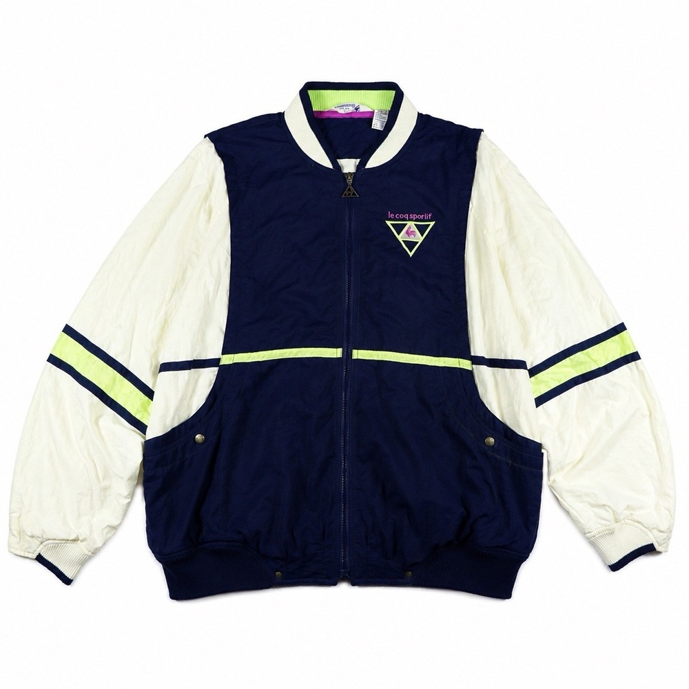 Vtg 90s Le Coq Sportif Colorblock Windbreaker Jacket Large Navy White Neon L